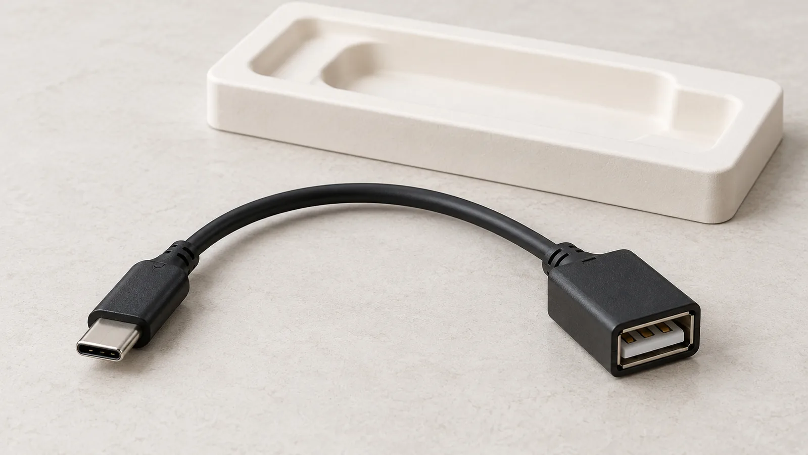כבל מתאם USB גנרי עם שני קצוות המחברים גלויים על משטח בדיקה ניטרלי