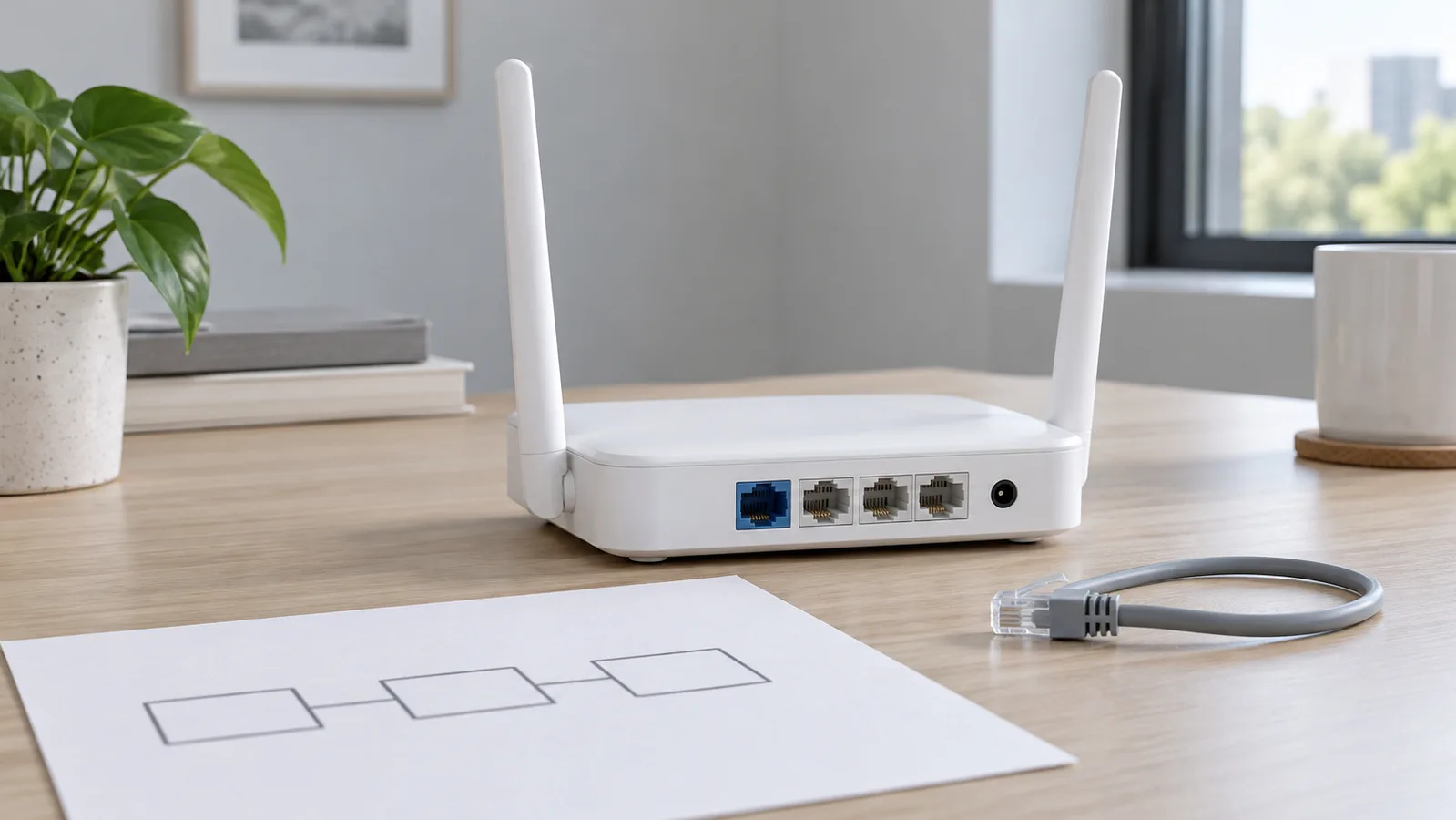 נתב Wi-Fi לבן שולחני לא ממותג עם יציאות Ethernet אחוריות גלויות לצד סקיצת רשת פשוטה
