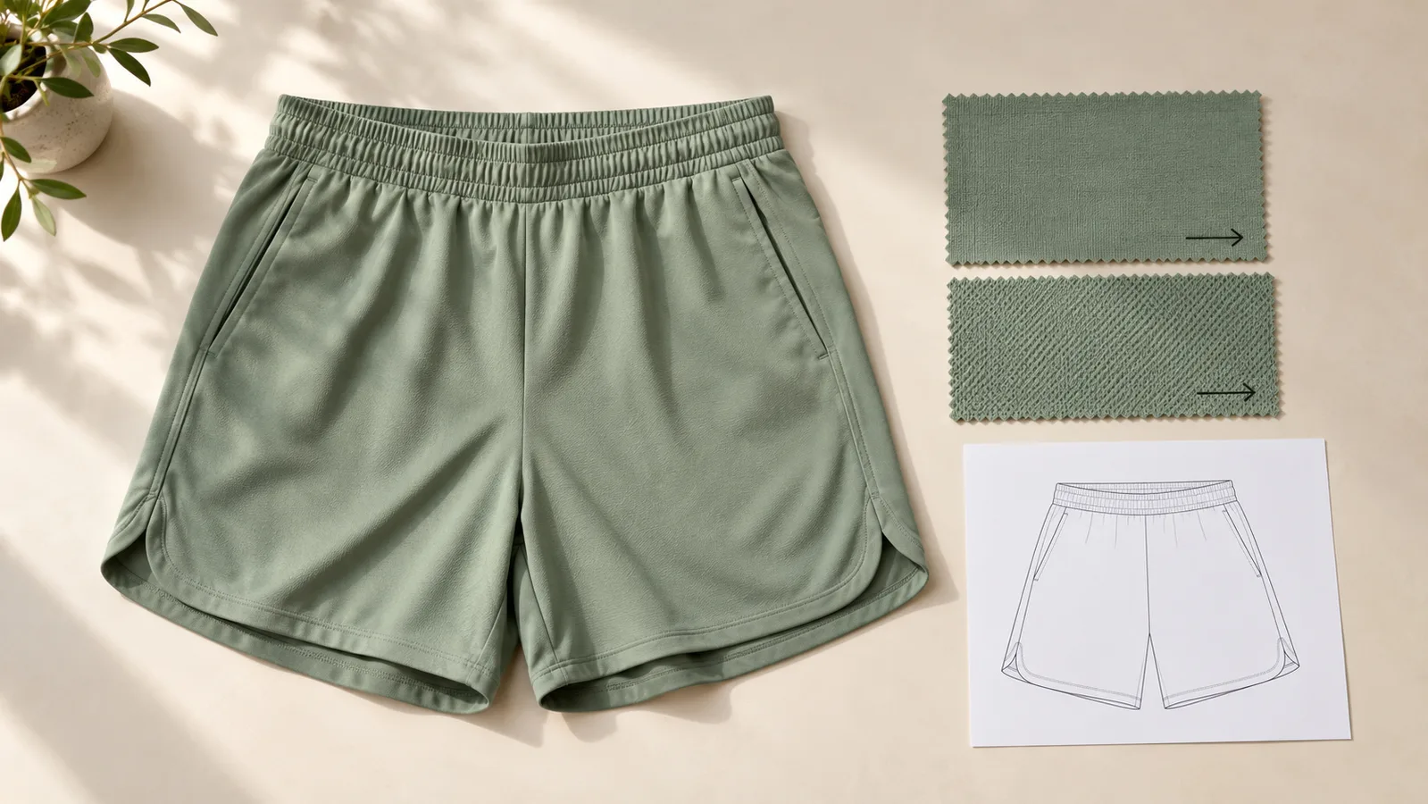 דוגמה למכנסיים קצרים של Activewear לצד דוגמיות בד בכיוון מסומן וסקיצת פאנל